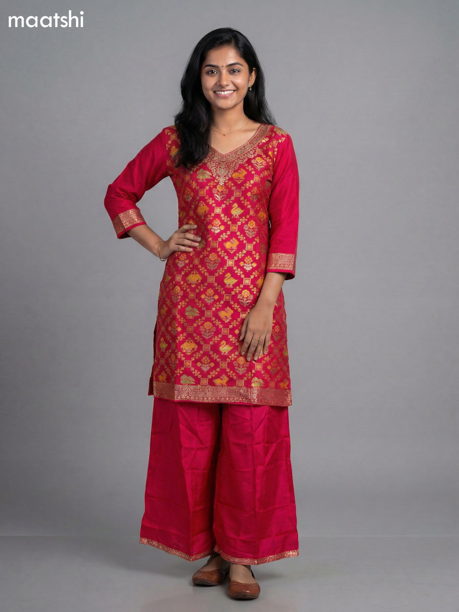Pink Art Tussar Thread & Zari Weaves Straight Suit