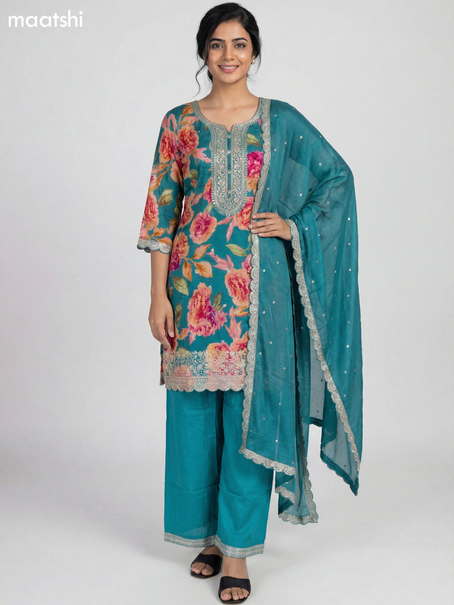 Teal Green Art Tussar Floral Printed Straight Suit