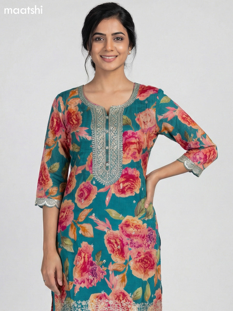 Teal Green Art Tussar Floral Printed Straight Suit