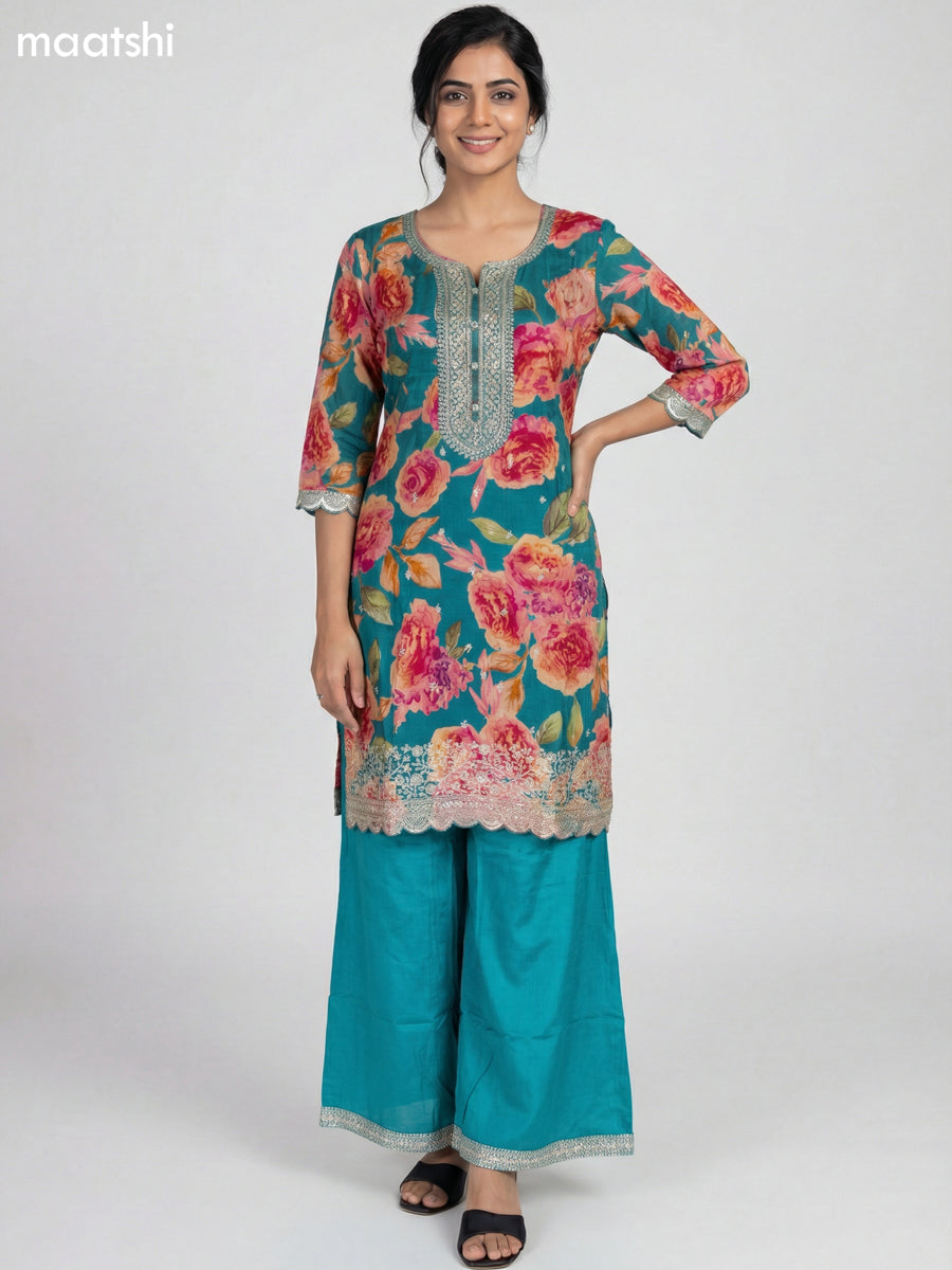 Teal Green Art Tussar Floral Printed Straight Suit