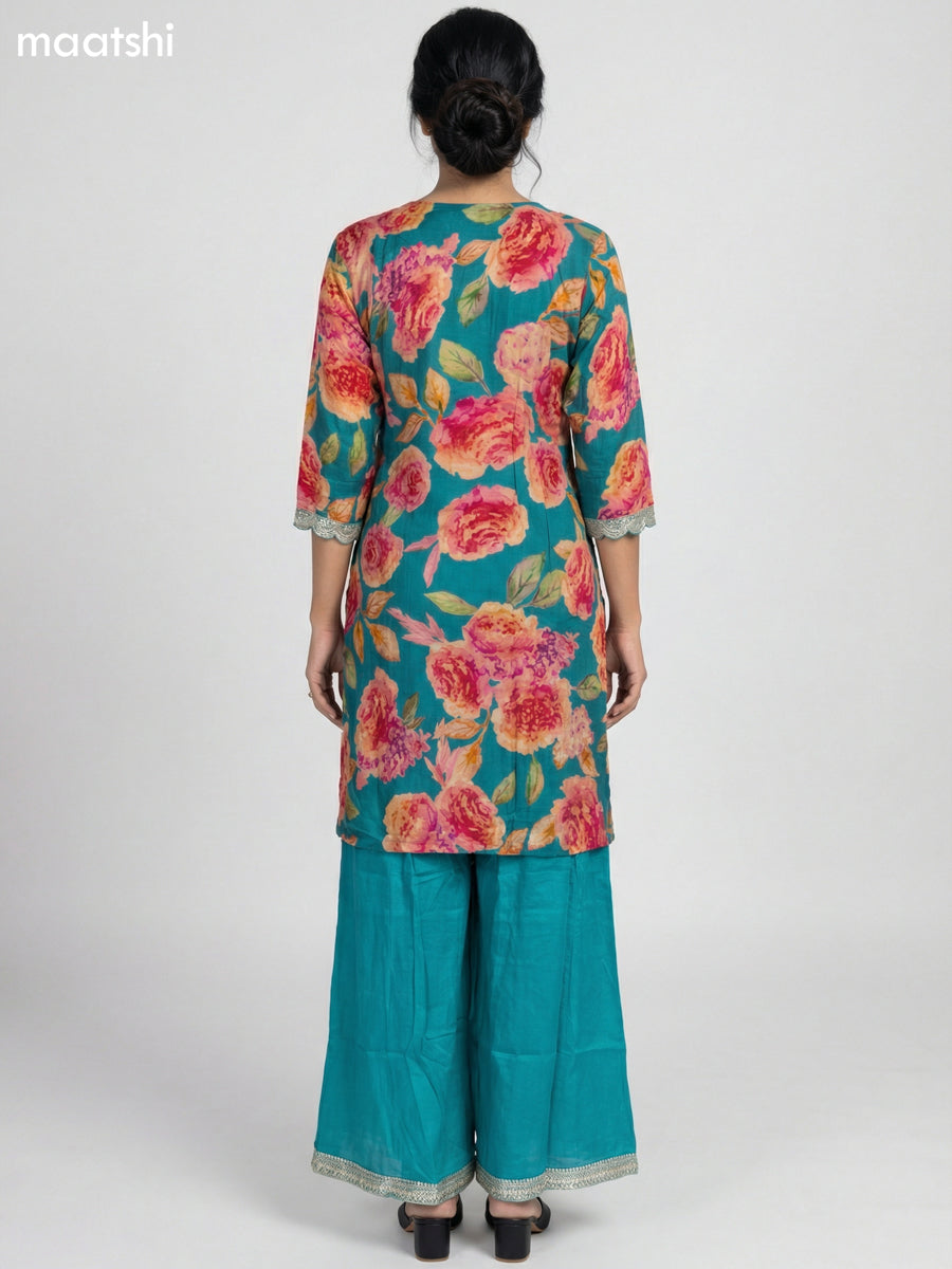 Teal Green Art Tussar Floral Printed Straight Suit