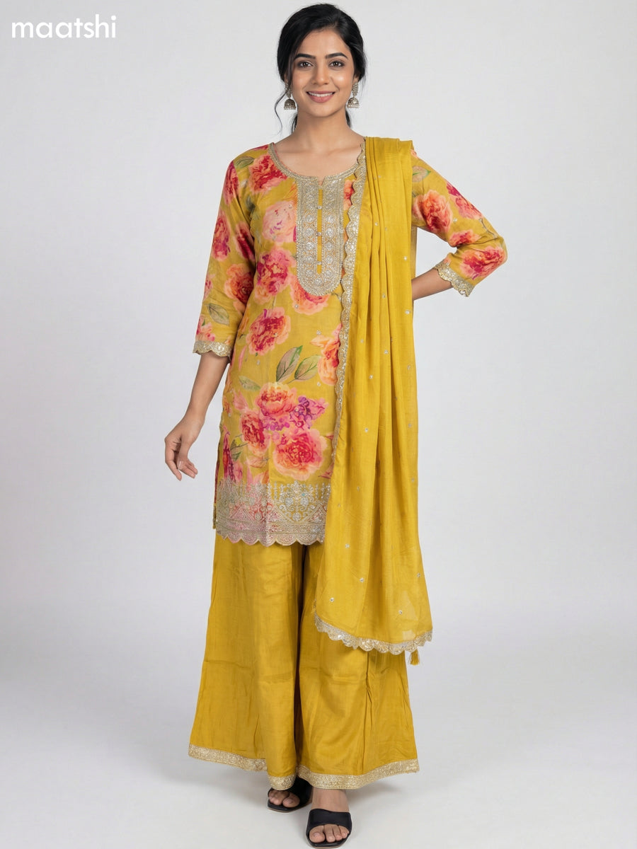 Mustard Shade Art Tussar Floral Printed Straight Suit
