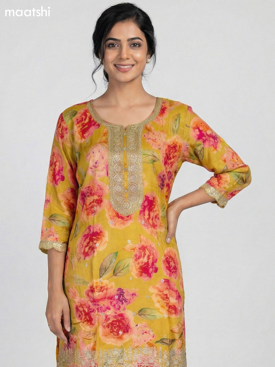 Mustard Shade Art Tussar Floral Printed Straight Suit