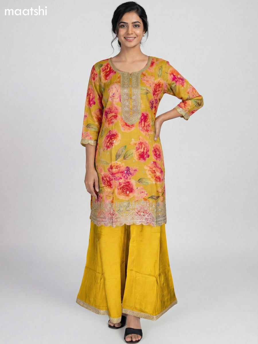 Mustard Shade Art Tussar Floral Printed Straight Suit