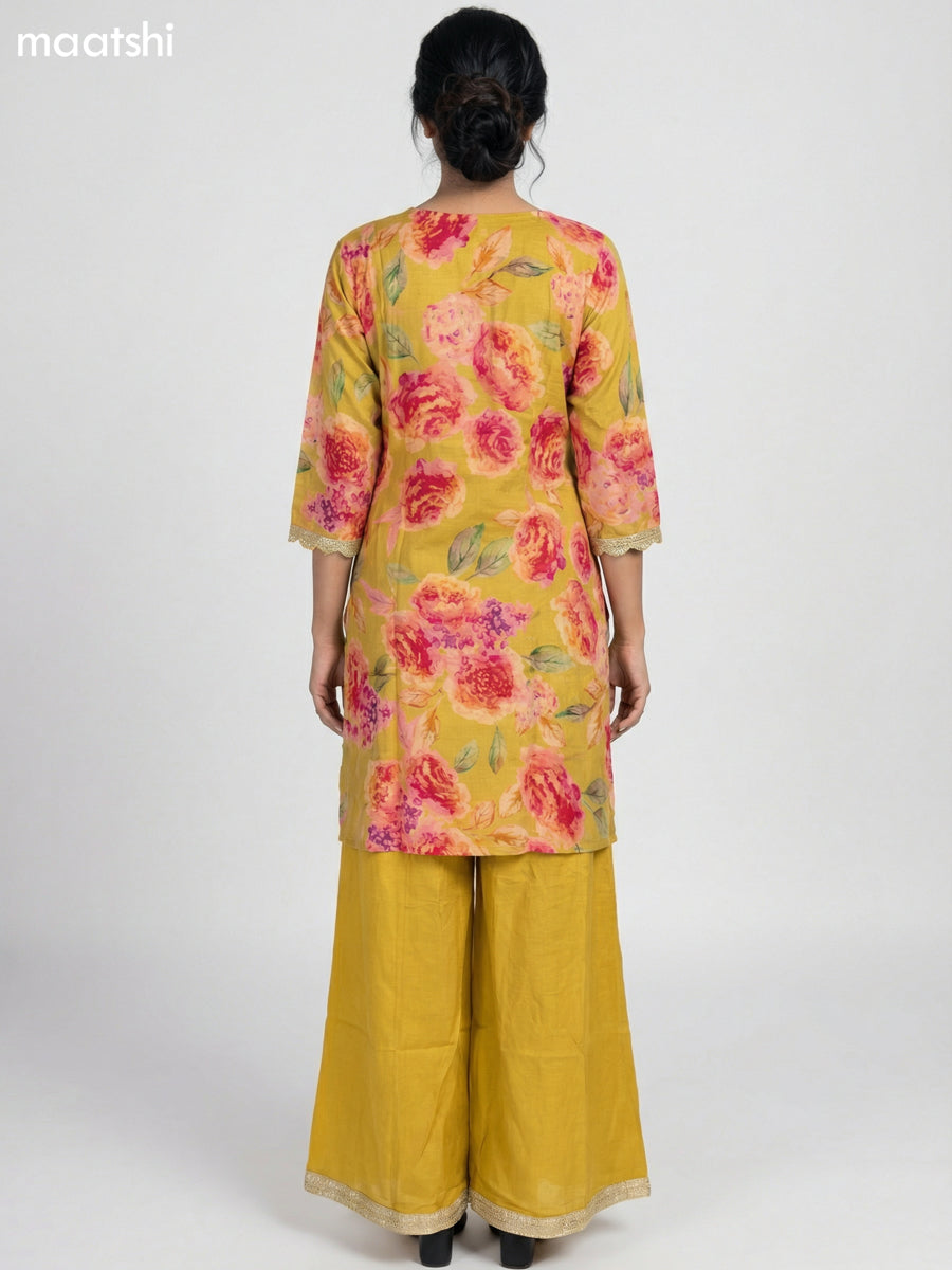 Mustard Shade Art Tussar Floral Printed Straight Suit
