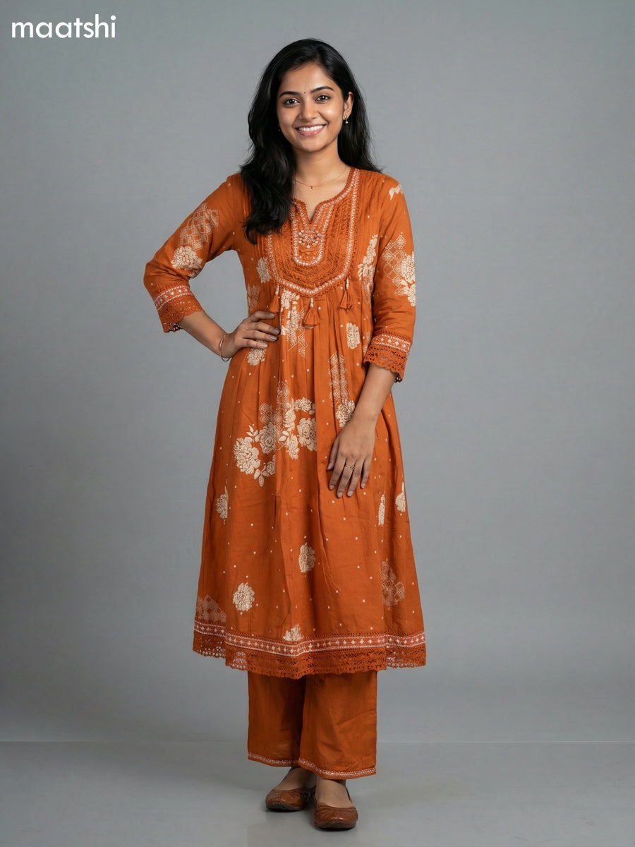 Rust Shade Cotton Printed Anarkali Suit