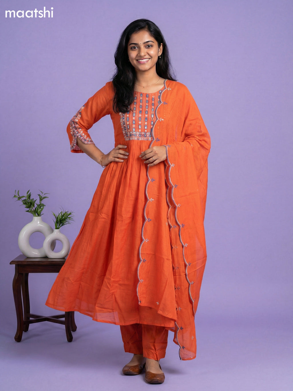 Orange Mul Chanderi With Embroidery Work Anarkali Suit