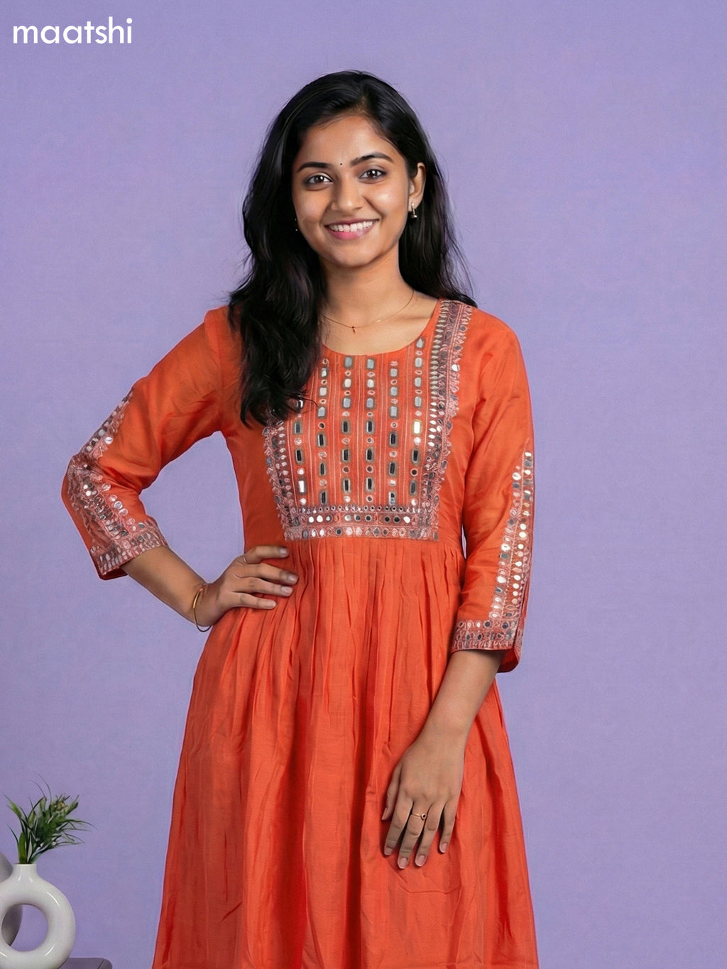 Orange Mul Chanderi With Embroidery Work Anarkali Suit