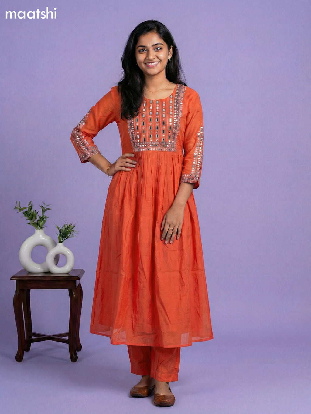 Orange Mul Chanderi With Embroidery Work Anarkali Suit