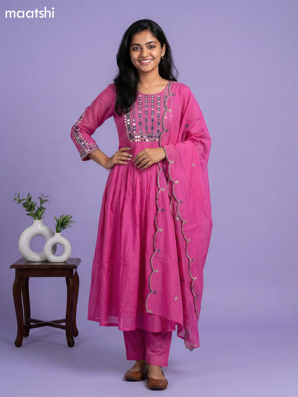 Pink Mul Chanderi With Embroidery Work Anarkali Suit
