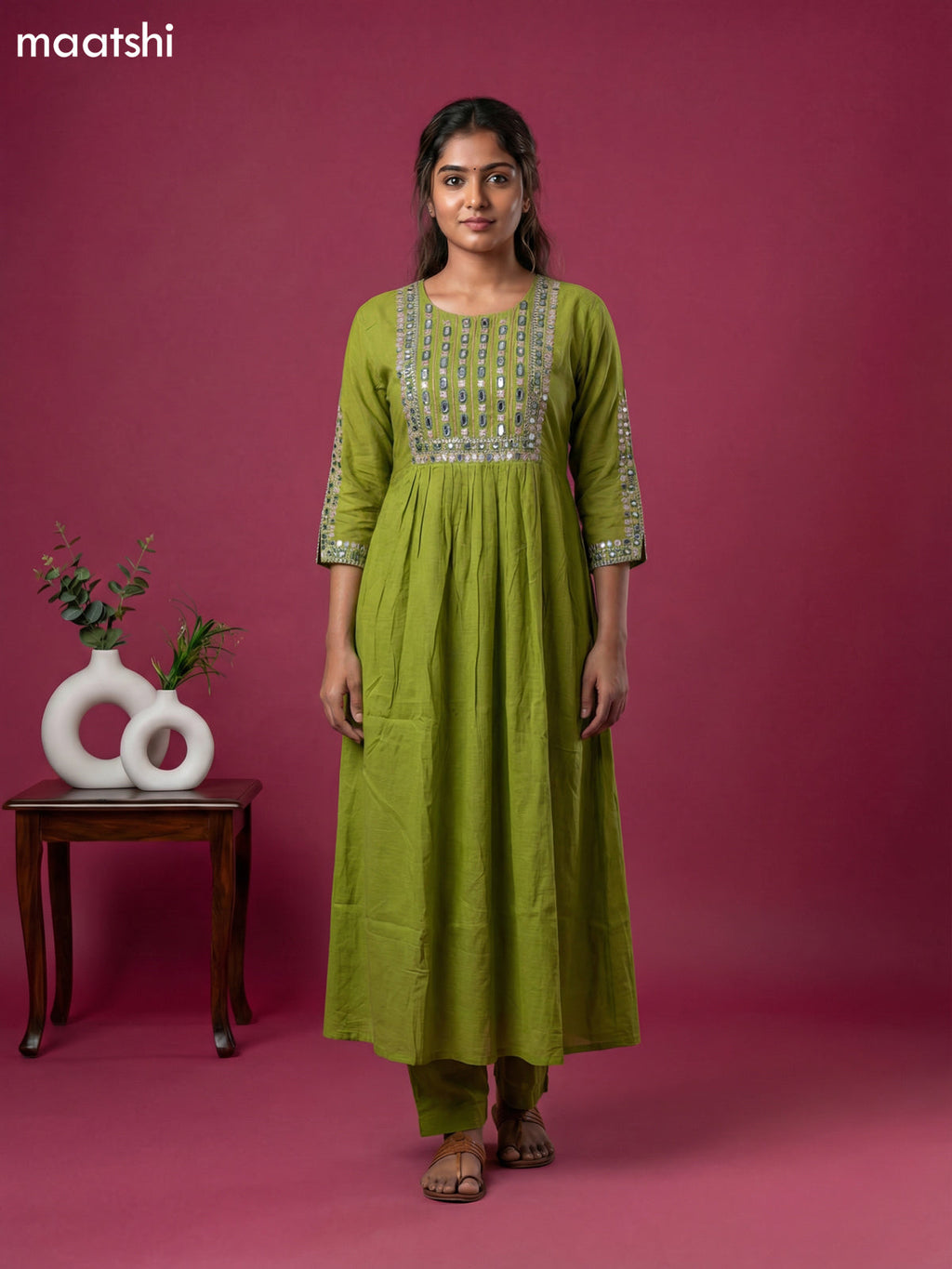 Green Mul Chanderi With Embroidery Work Anarkali Suit