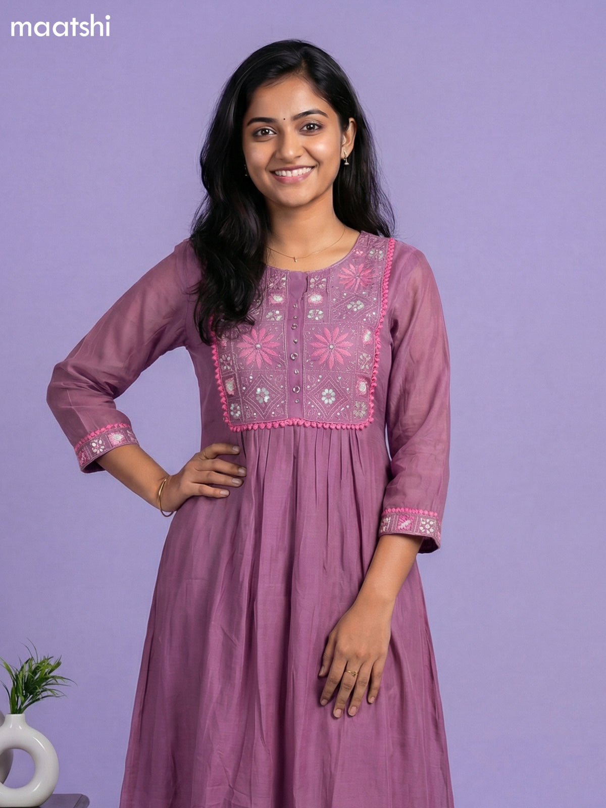 Mauve Pink Mul Chanderi With Embroidery Work Anarkali Suit