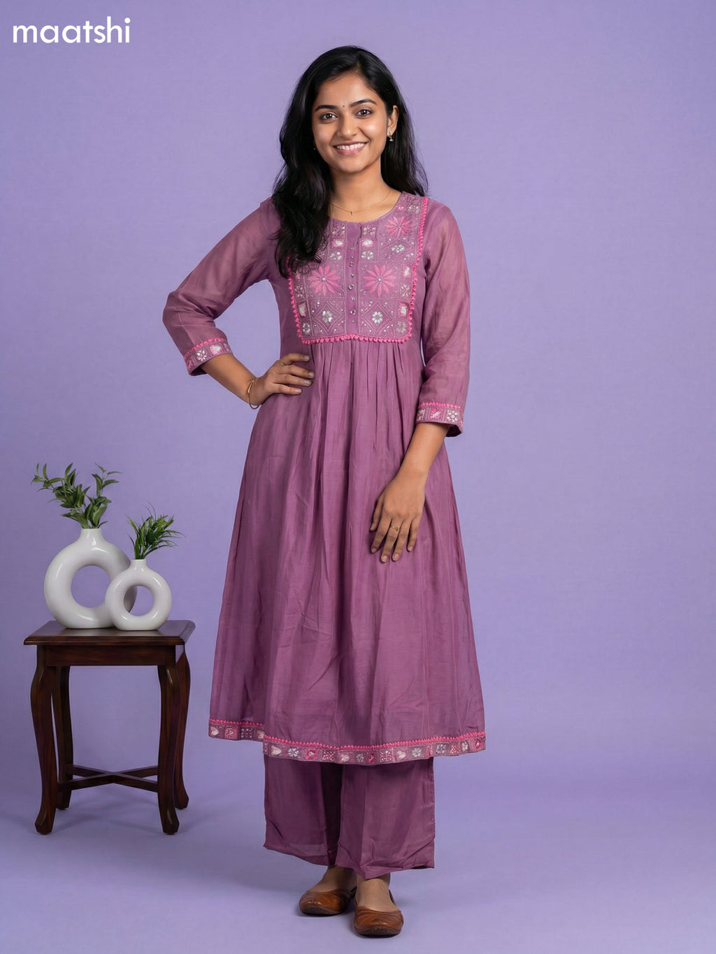 Mauve Pink Mul Chanderi With Embroidery Work Anarkali Suit