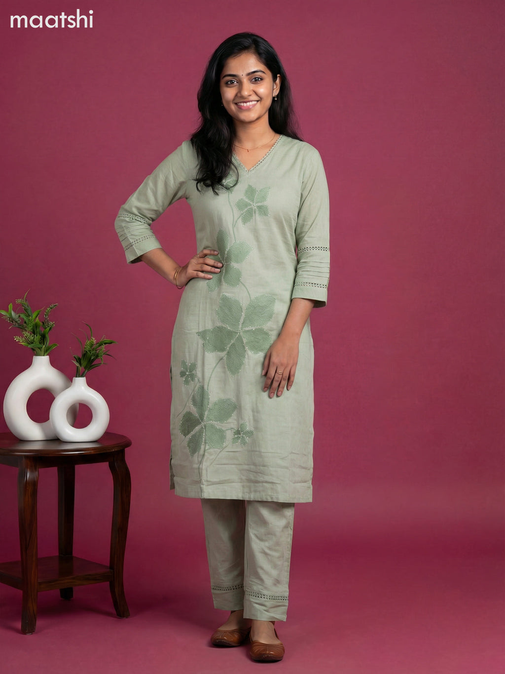 Pastel Green Cotton Embroidery Work Kurti Set