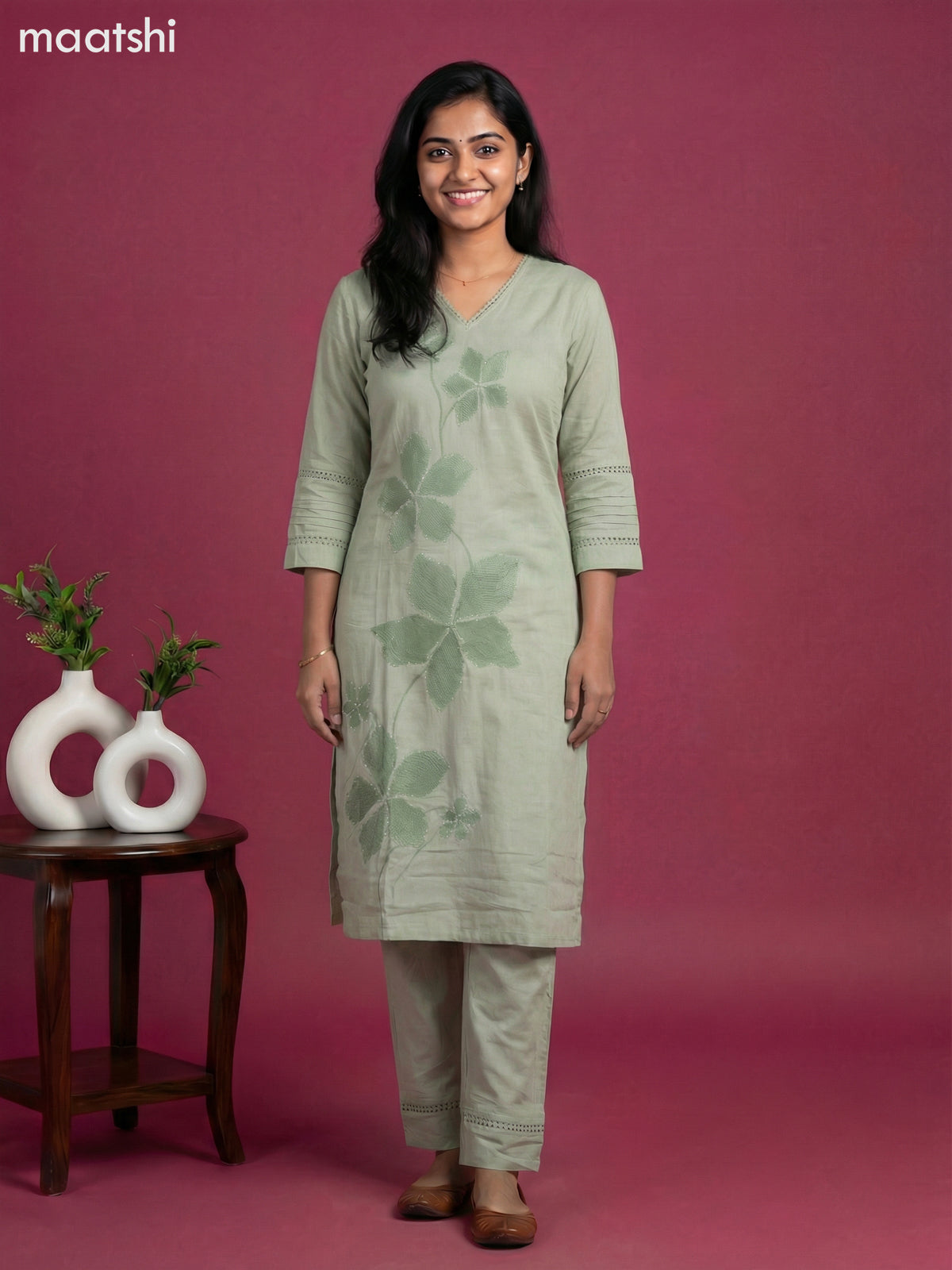 Pastel Green Cotton Embroidery Work Kurti Set