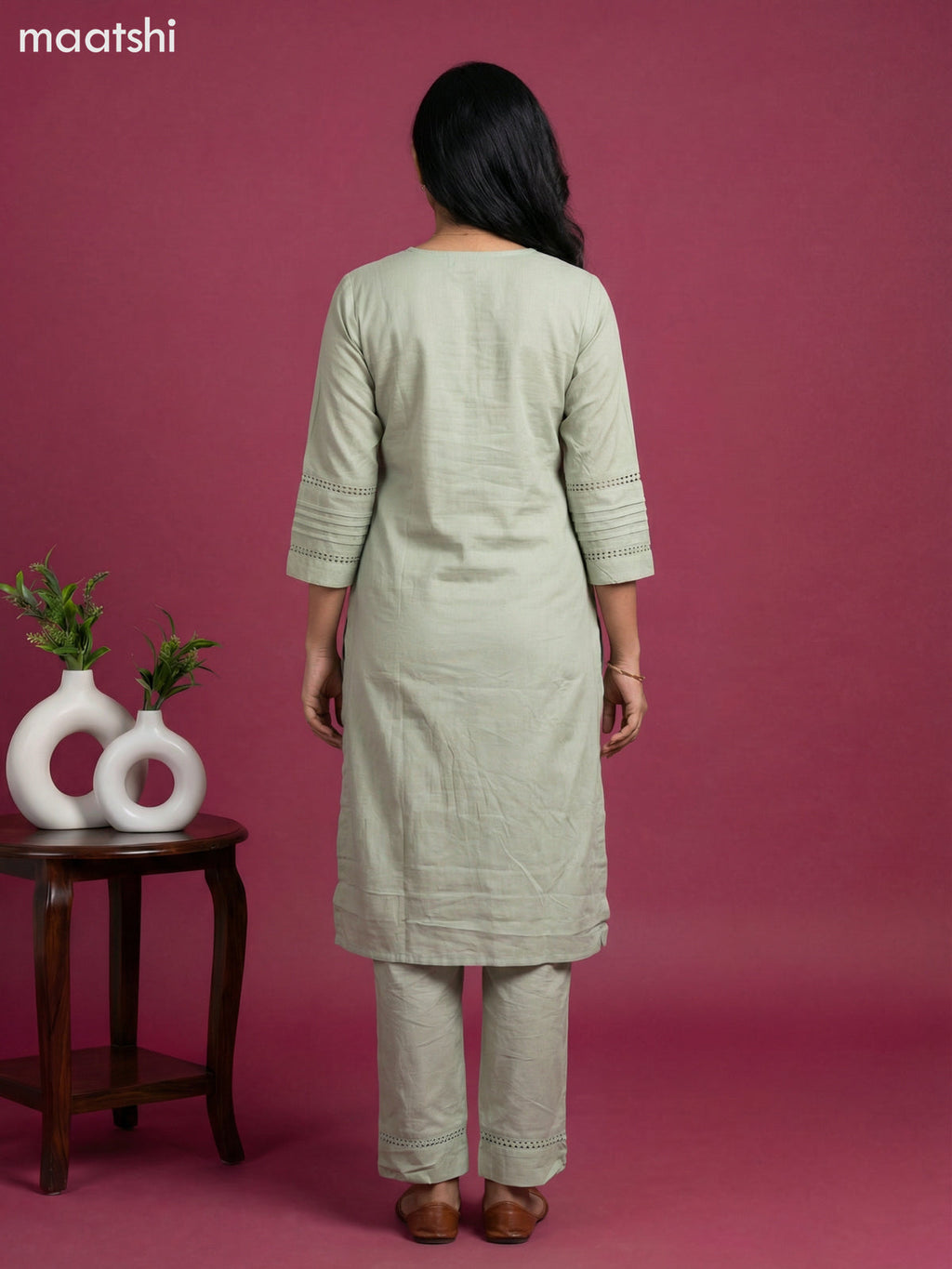 Pastel Green Cotton Embroidery Work Kurti Set