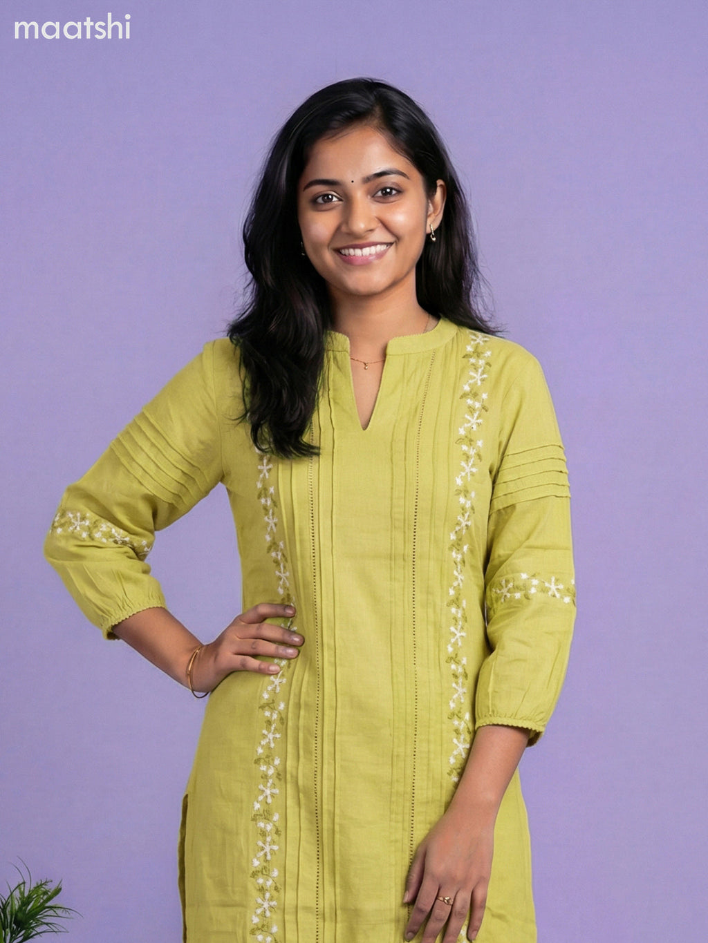 Lime Green Cotton Embroidery Work Kurti Set