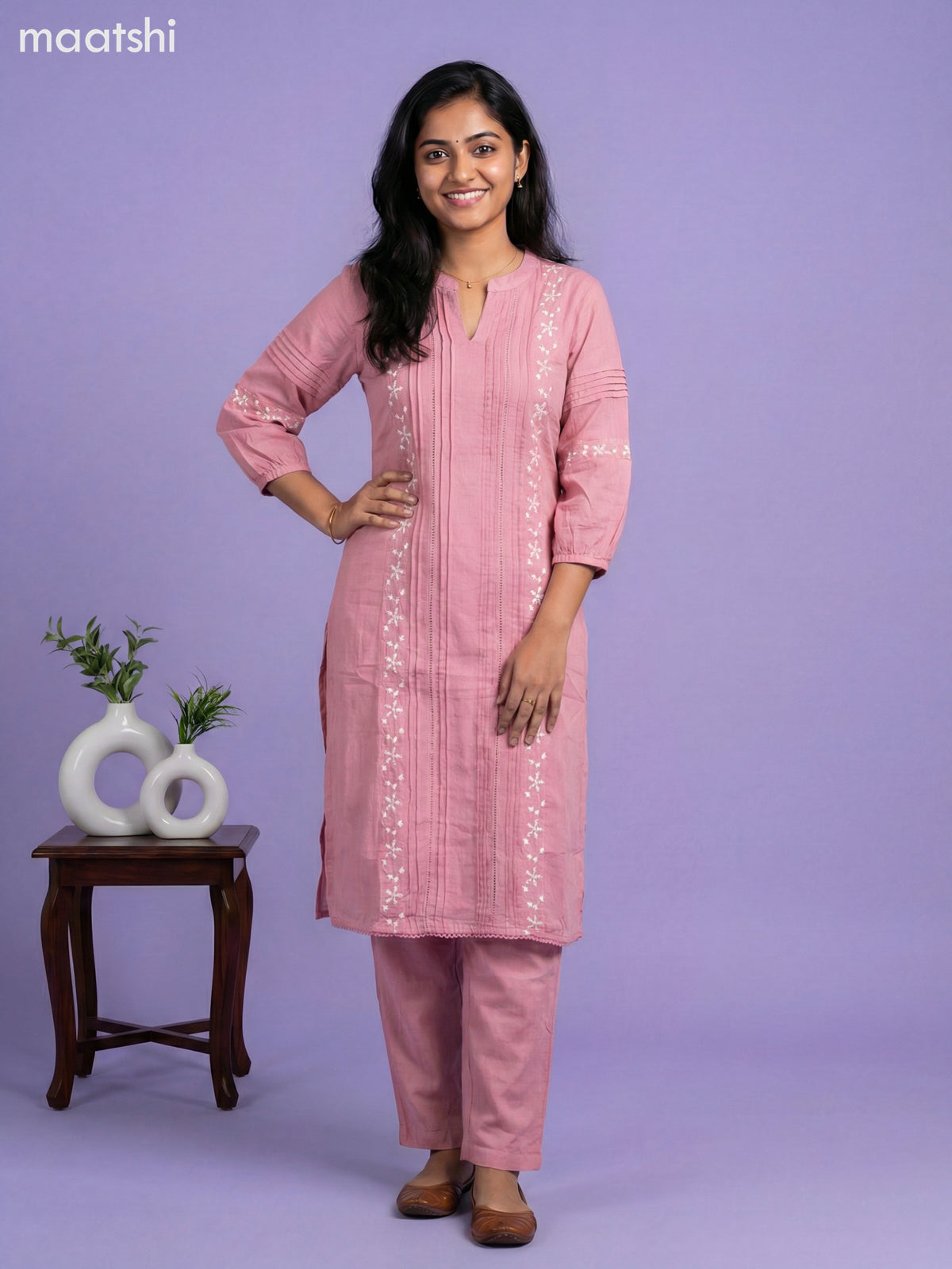 Peach Pink Cotton Embroidery Work Kurti Set
