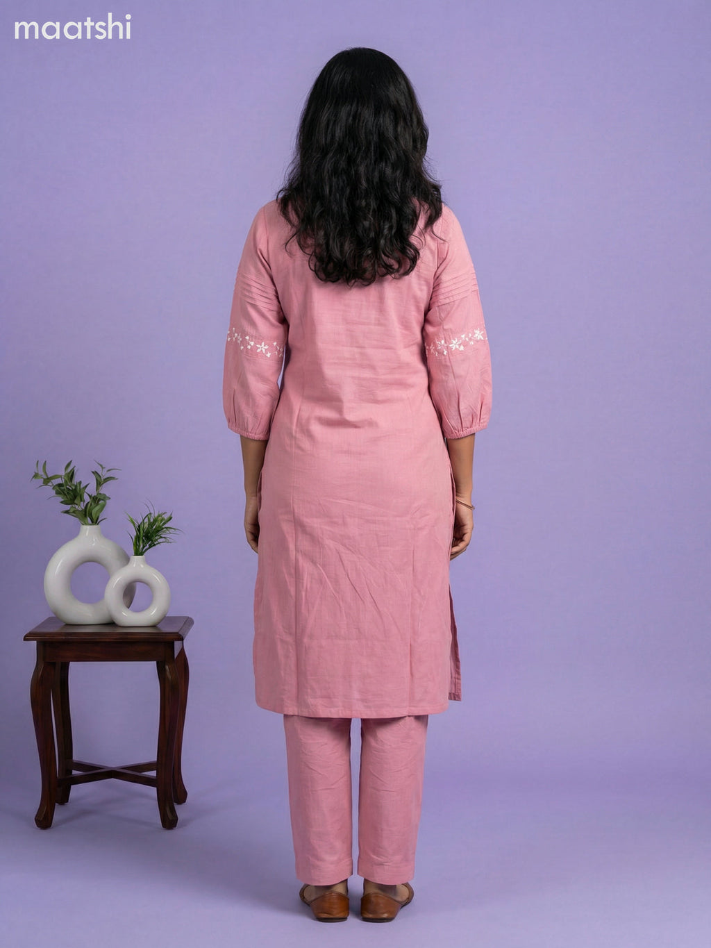 Peach Pink Cotton Embroidery Work Kurti Set