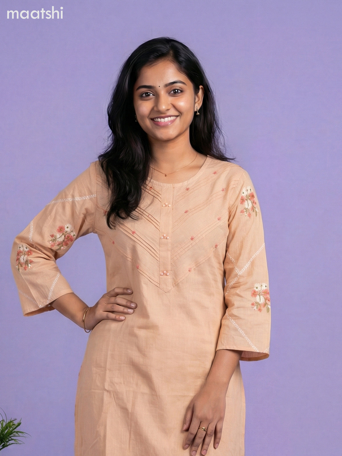 Mild Peach Cotton Embroidery Work Kurti Set