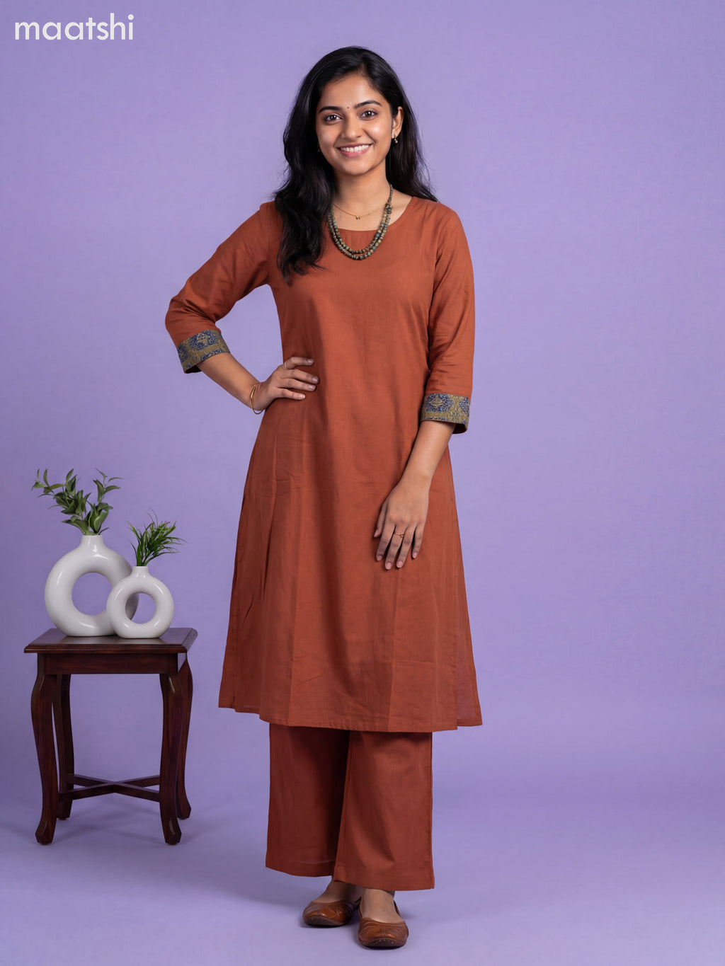 Dark Rust Cotton Simple Kurti Set