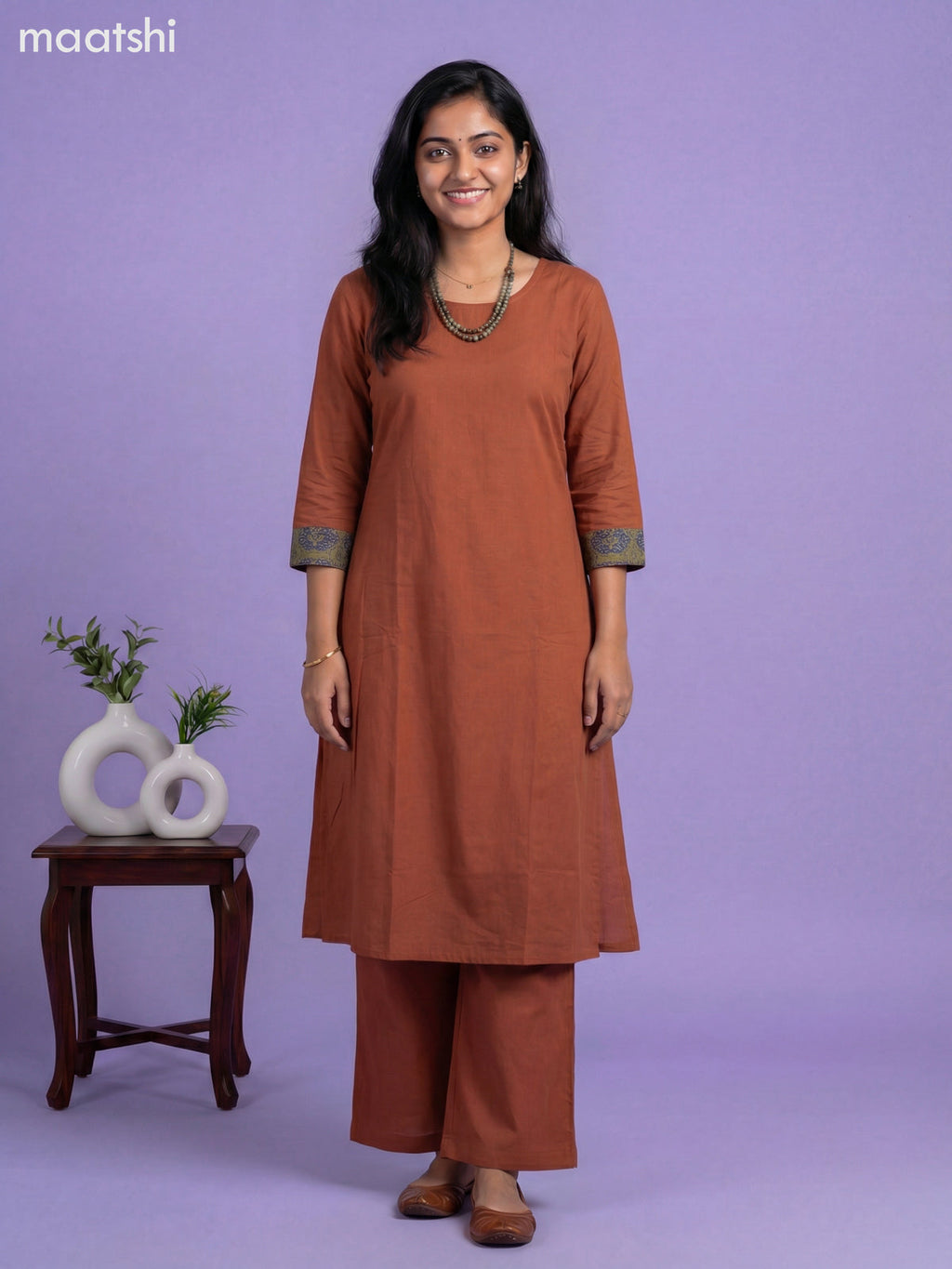 Dark Rust Cotton Simple Kurti Set