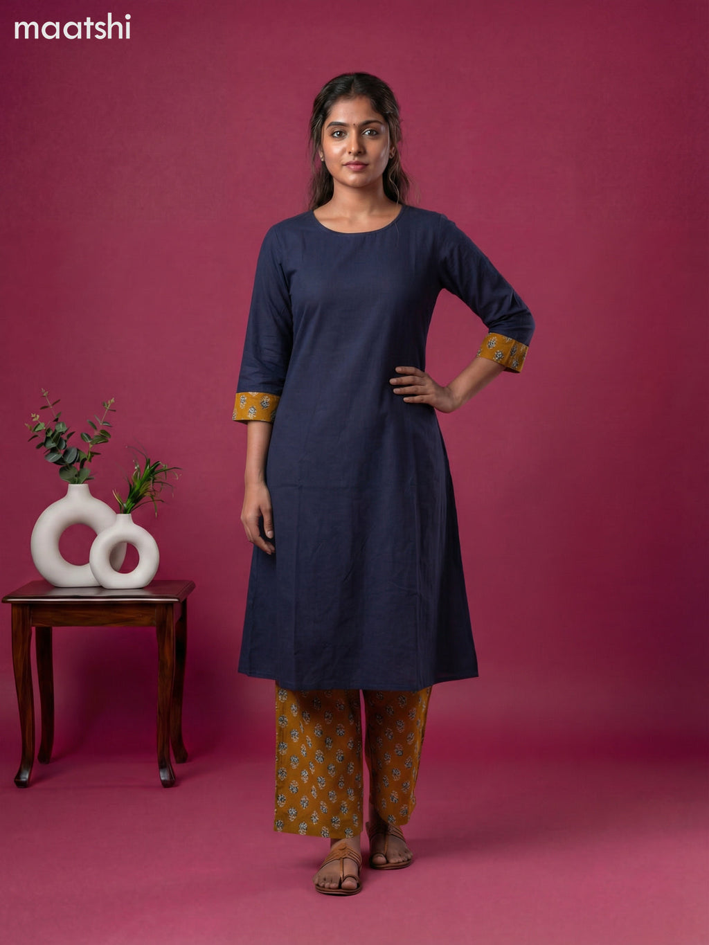 Black and Dark Mustard Cotton Simple Kurti Set