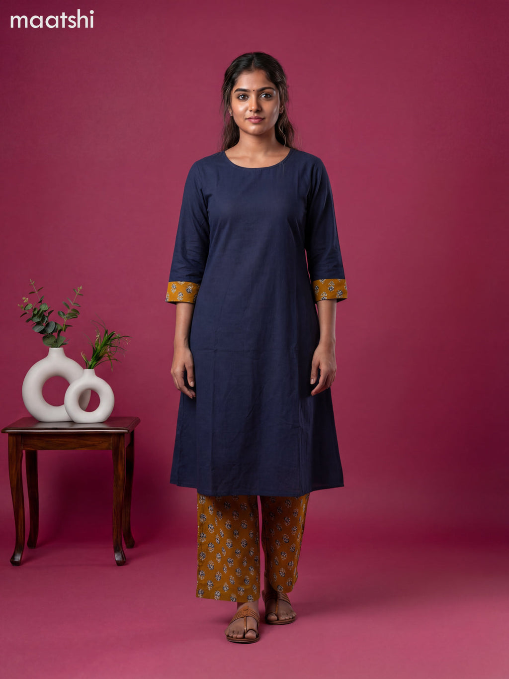 Black and Dark Mustard Cotton Simple Kurti Set