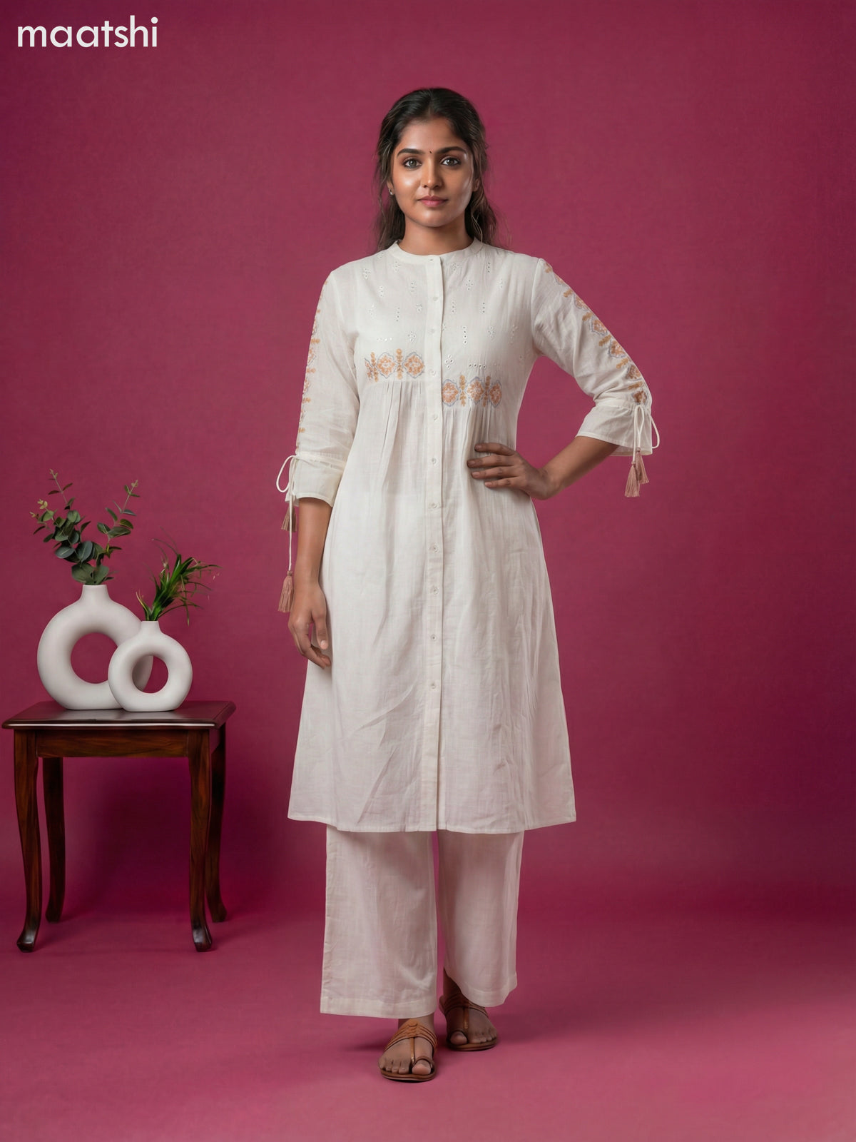 Off White Cotton Embroidery Work Kurti Set