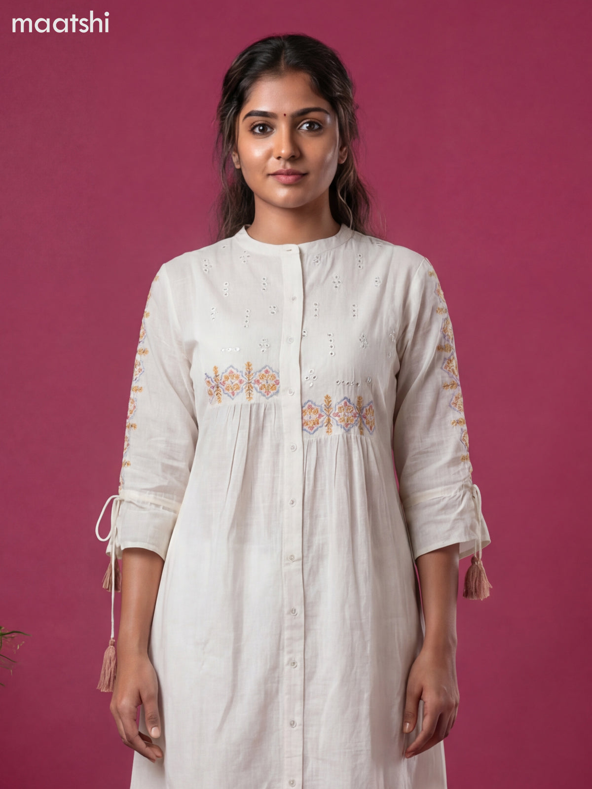 Off White Cotton Embroidery Work Kurti Set
