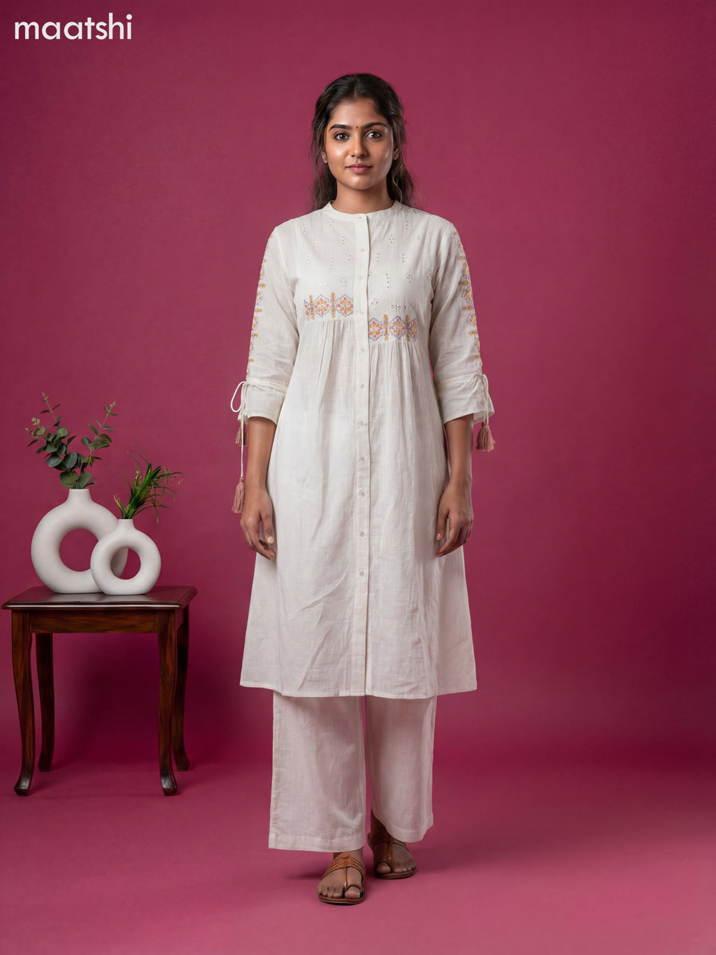 Off White Cotton Embroidery Work Kurti Set