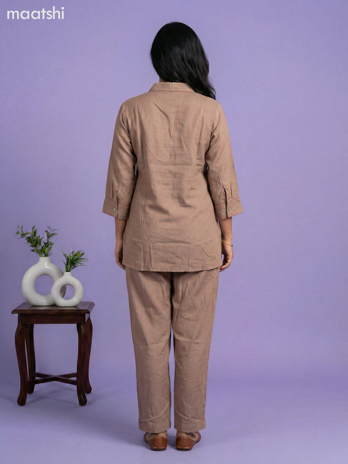 Pastel Brown Cotton Embroidery Work Short Co-Ord Set