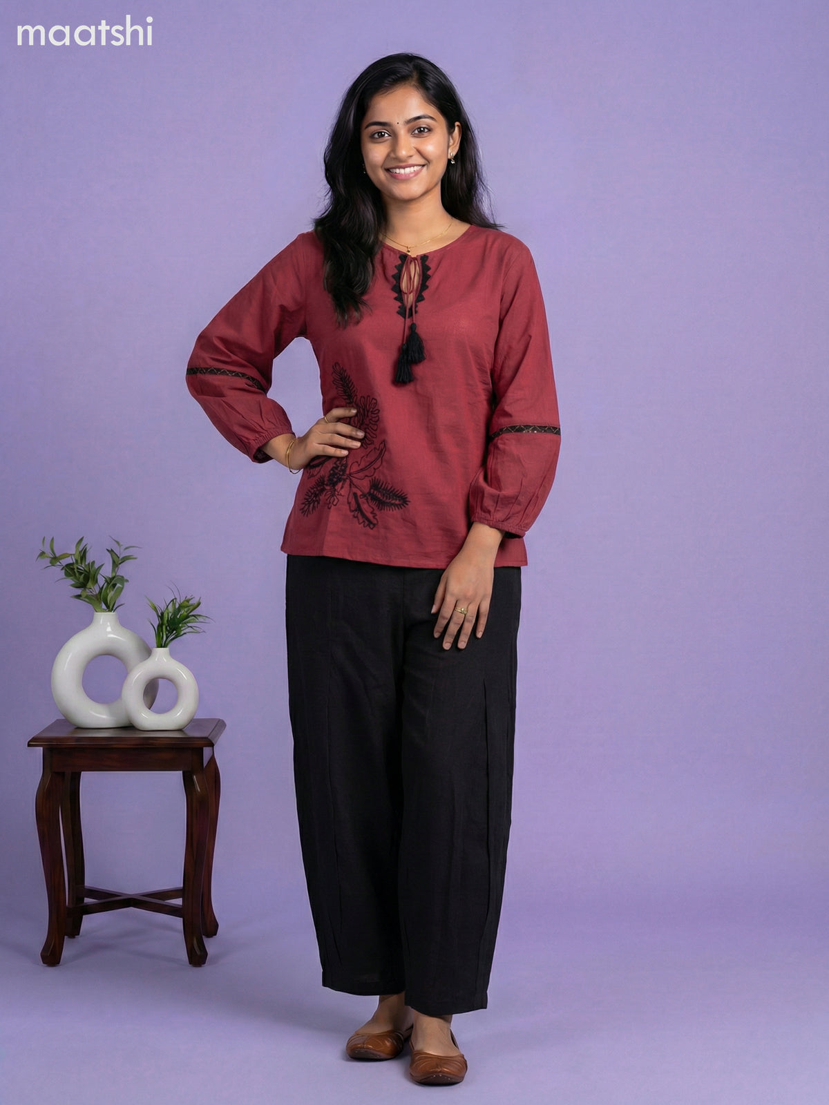 Magenta Pink and Black Cotton Embroidery Work Short Co-Ord Set