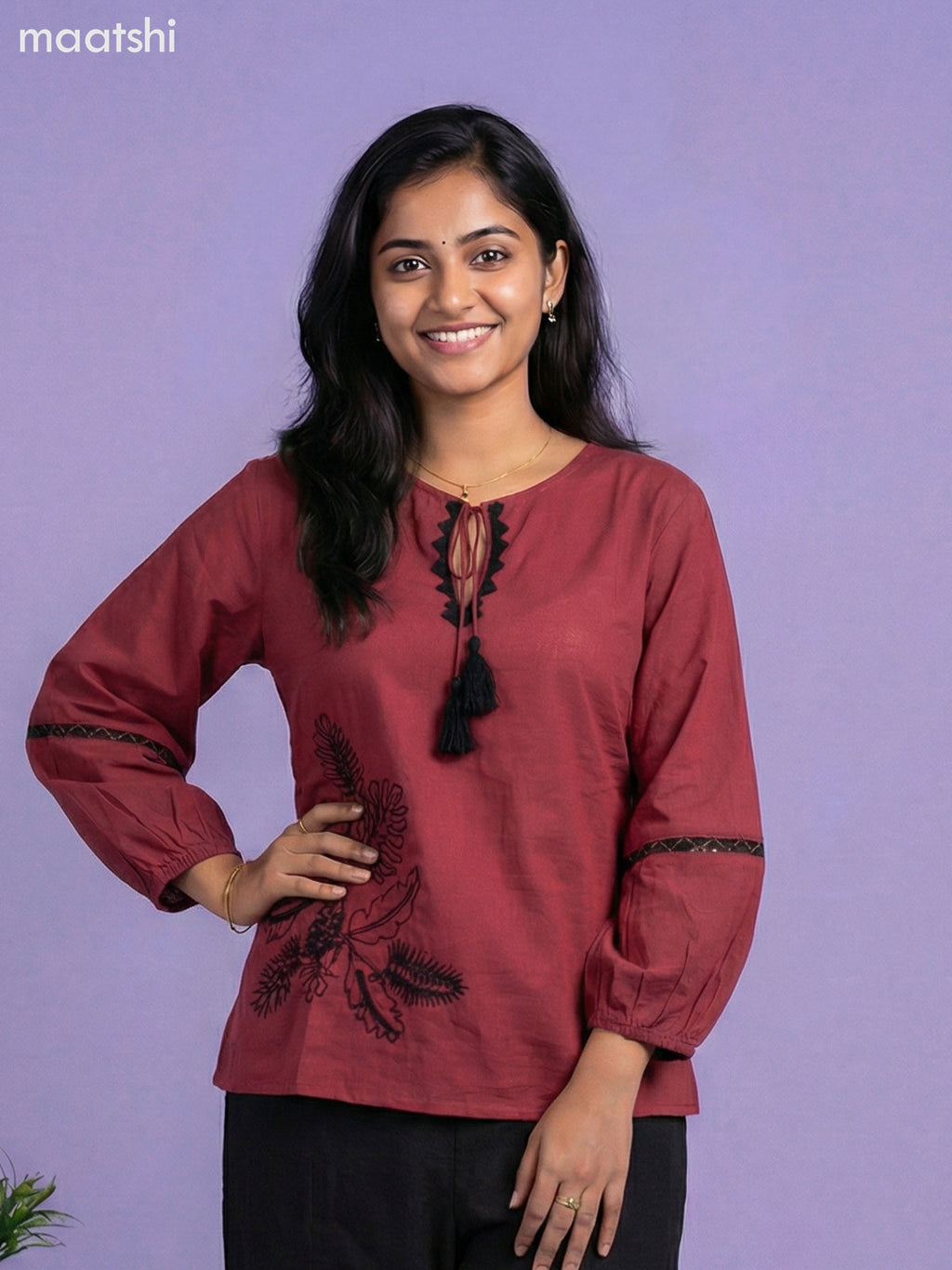 Magenta Pink and Black Cotton Embroidery Work Short Co-Ord Set