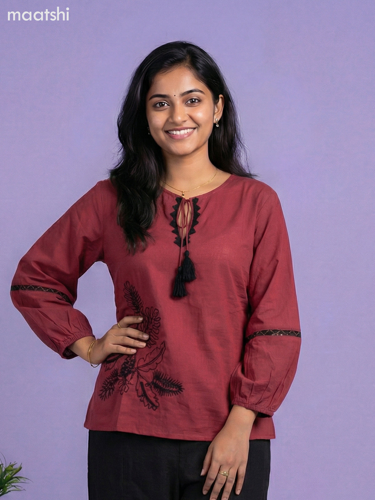 Magenta Pink and Black Cotton Embroidery Work Short Co-Ord Set