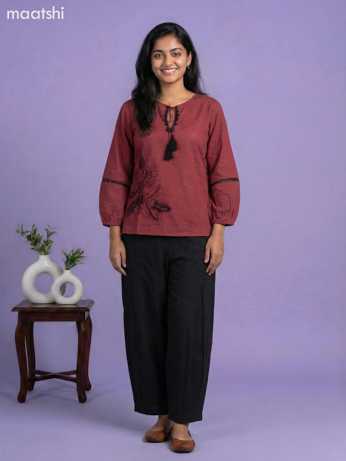 Magenta Pink and Black Cotton Embroidery Work Short Co-Ord Set