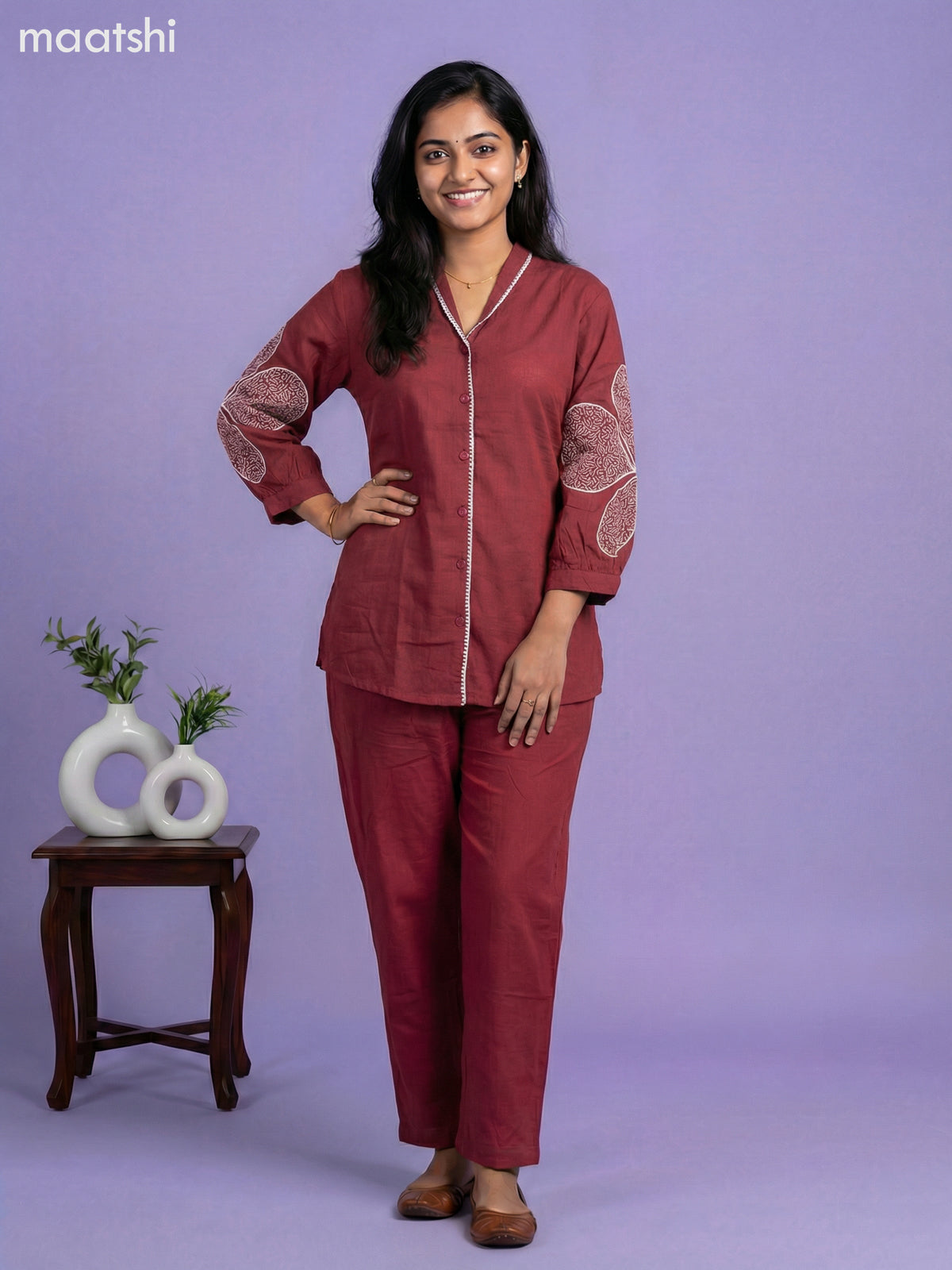 Maroon Cotton Embroidery Work Short Co-Ord Set