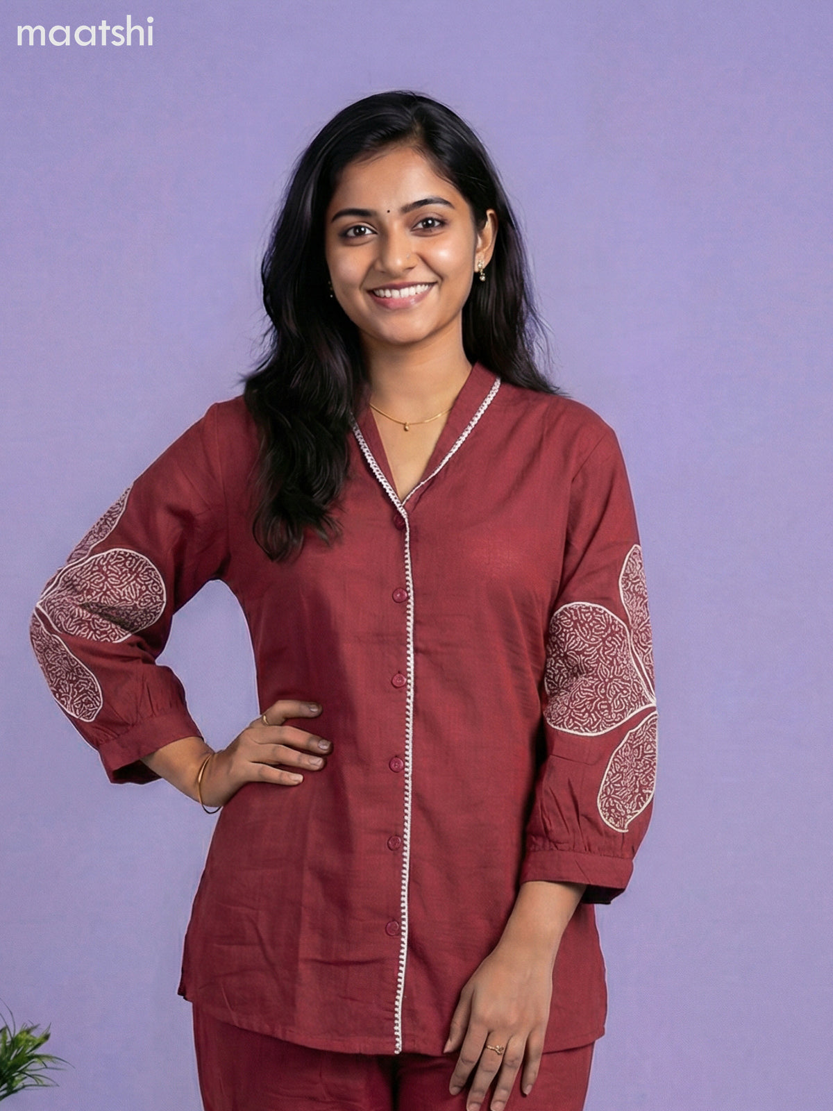 Maroon Cotton Embroidery Work Short Co-Ord Set