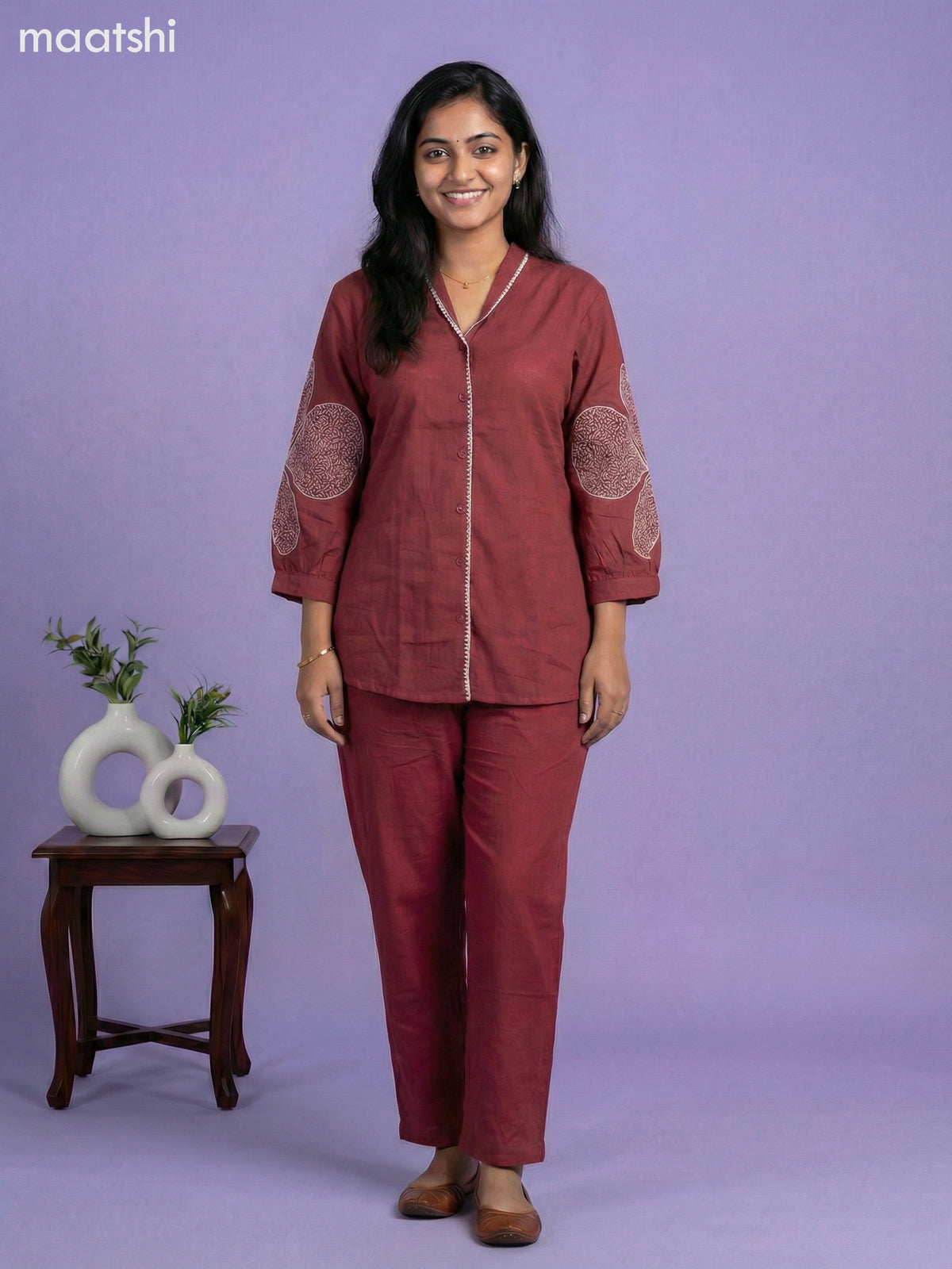 Maroon Cotton Embroidery Work Short Co-Ord Set