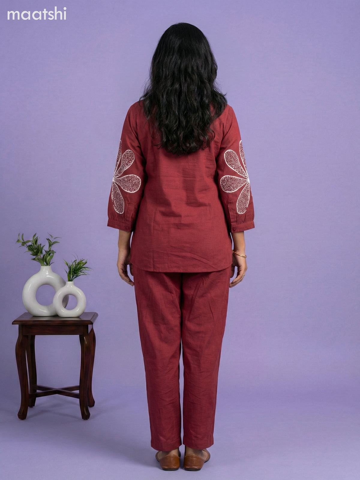 Maroon Cotton Embroidery Work Short Co-Ord Set