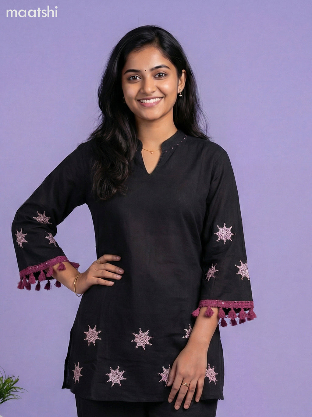 Black Cotton Embroidery Work Short Kurti Set