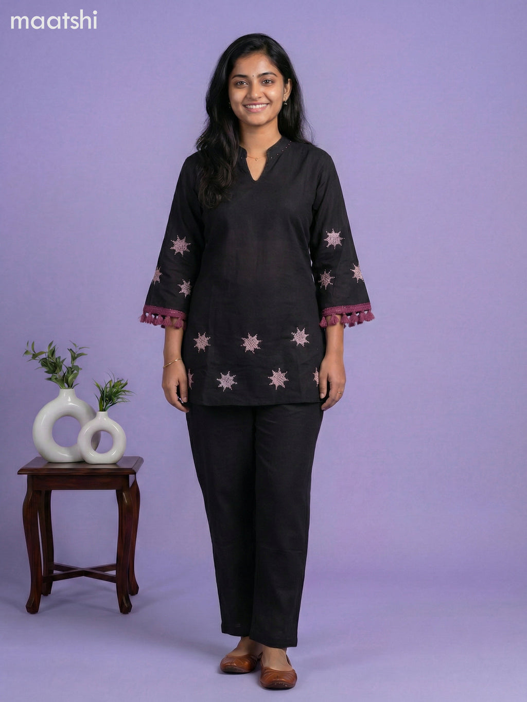 Black Cotton Embroidery Work Short Kurti Set