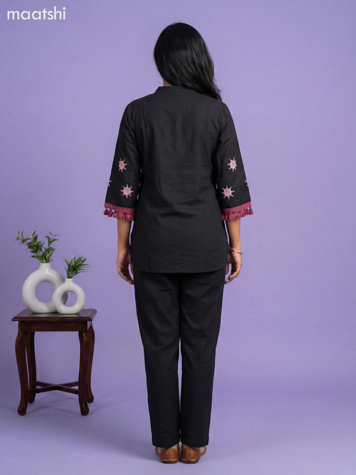 Black Cotton Embroidery Work Short Kurti Set