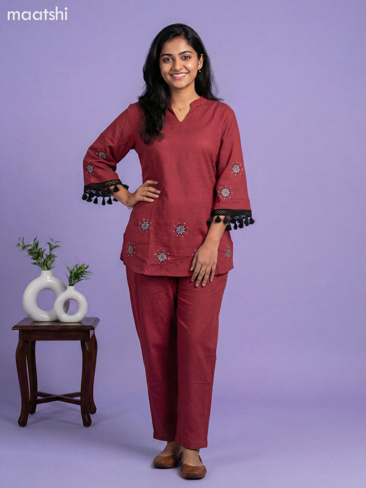 Maroon Cotton Embroidery Work Short Kurti Set