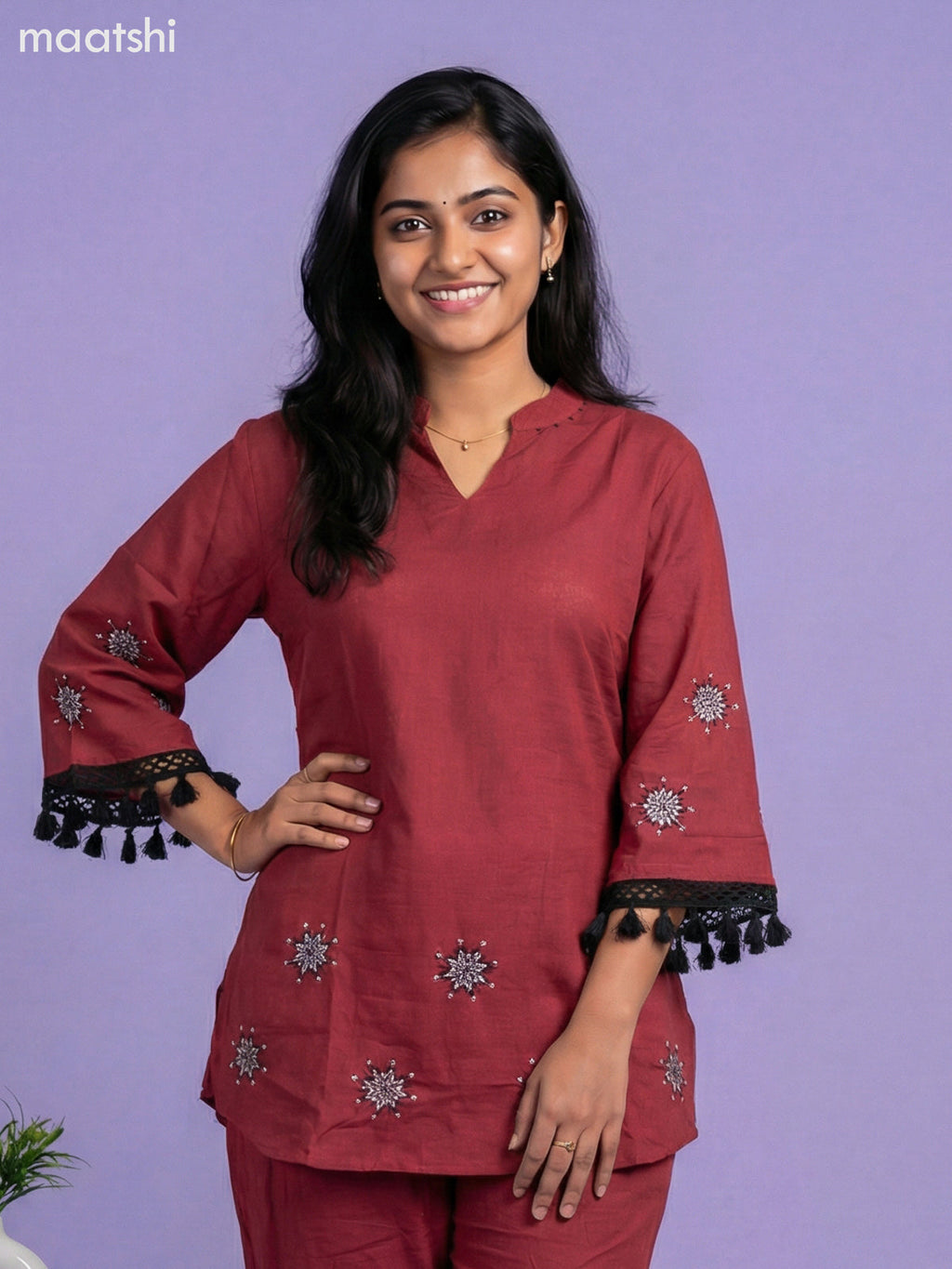 Maroon Cotton Embroidery Work Short Kurti Set