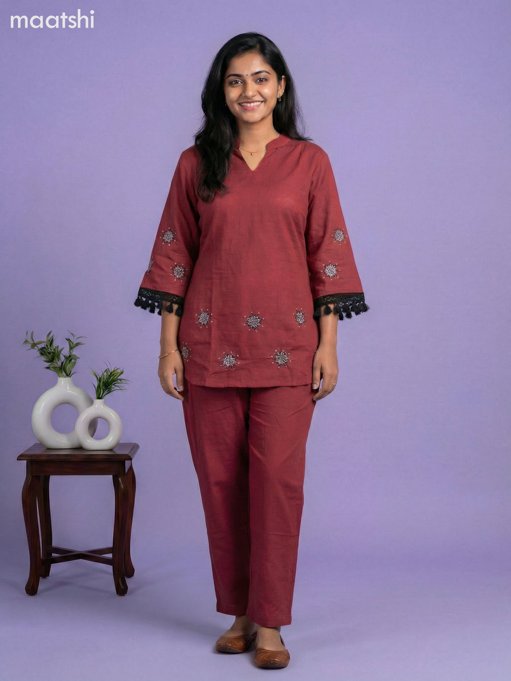 Maroon Cotton Embroidery Work Short Kurti Set