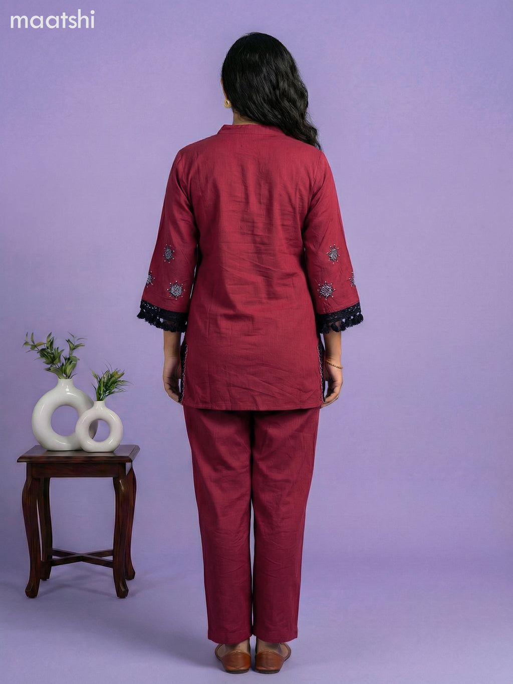 Maroon Cotton Embroidery Work Short Kurti Set
