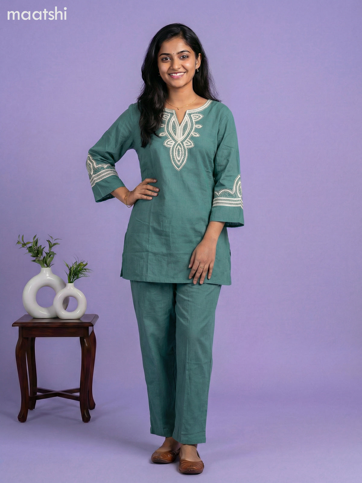 Teal Green Cotton Embroidery Work Short Kurti Set