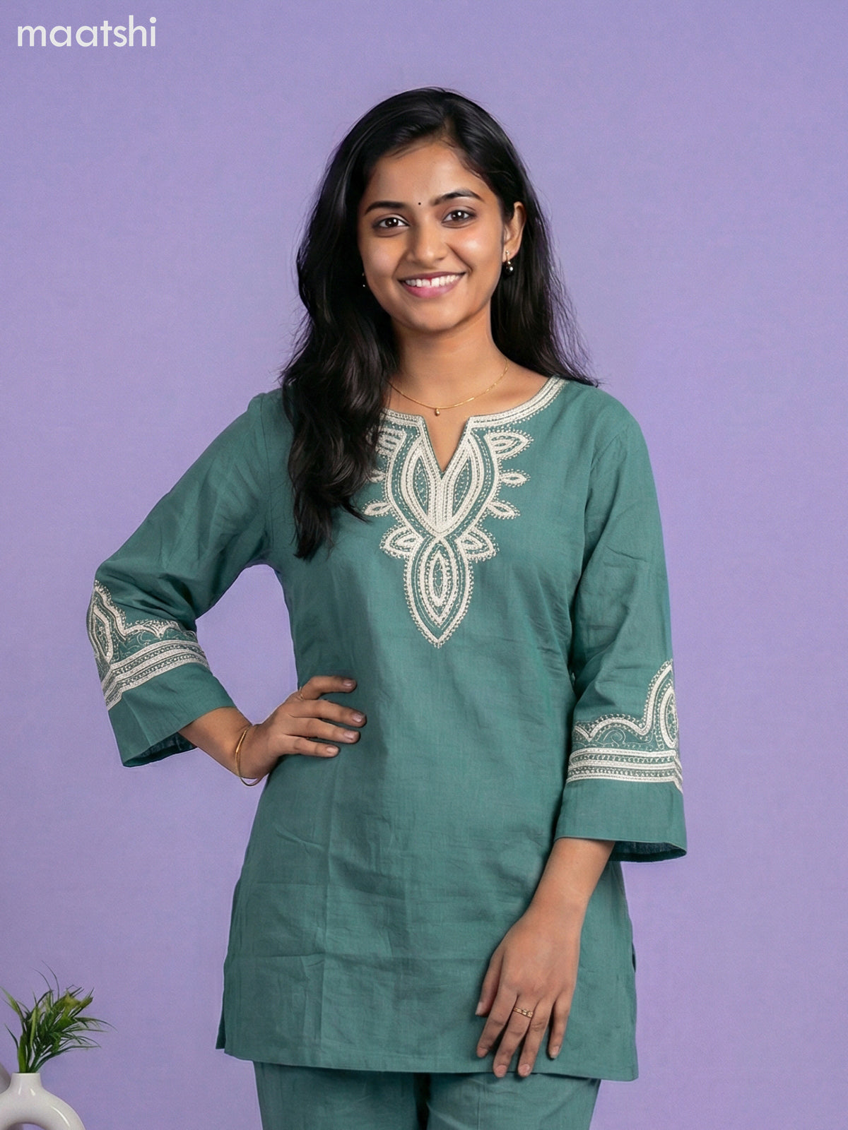 Teal Green Cotton Embroidery Work Short Kurti Set