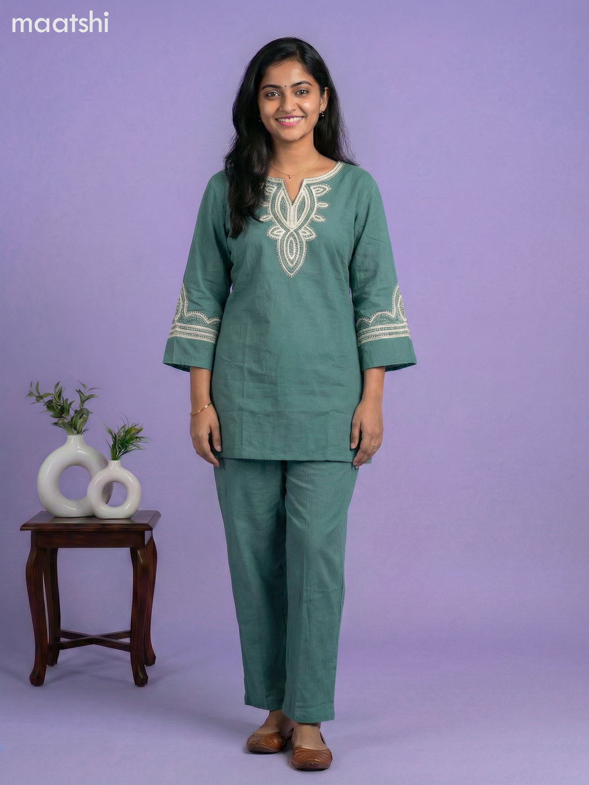 Teal Green Cotton Embroidery Work Short Kurti Set